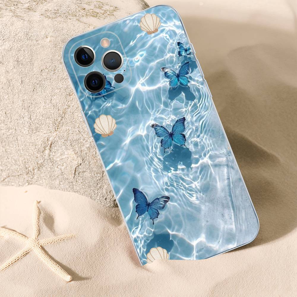 Blue Butterfly Ocean Waves Phone Case For iPhone 17 15 14 13 11 12 16 Pro Max Plus Mini Transparent Silicone Soft Funda