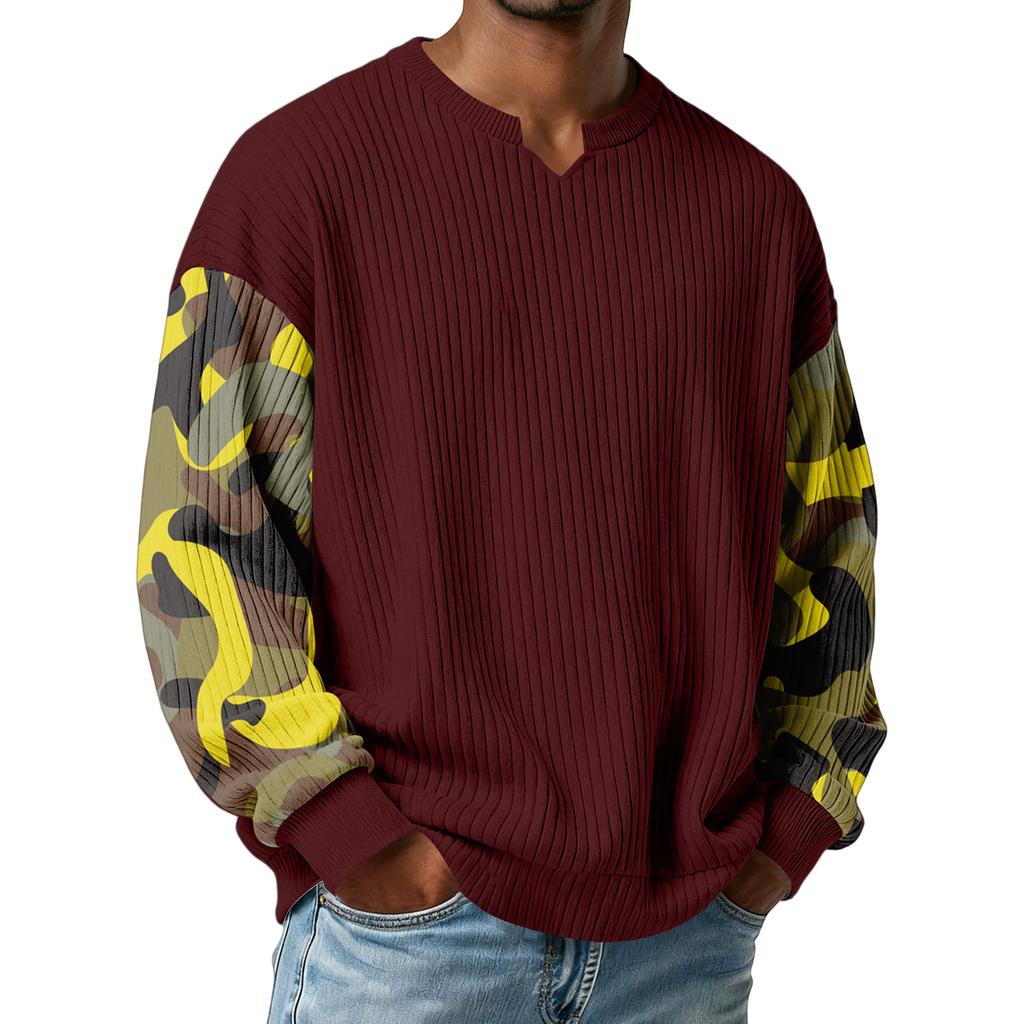 Men's Camouflage Stylish V-Neck Ribbed Textured Long-Sleeve T-Shirt