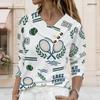 Women Plus Size Asymmetric V Neck Button Decor Long Sleeve Top White Basketball Print