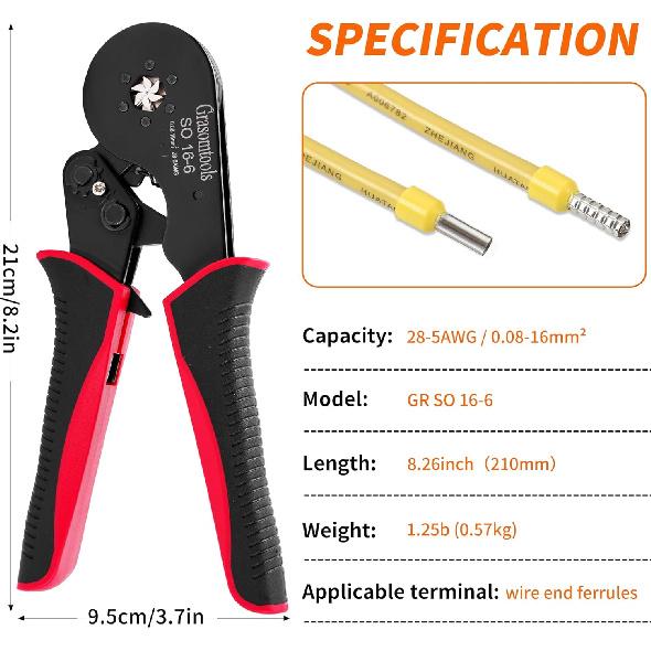 Ferrule Crimping Tool Kit, Self-Adjusting Hex Crimping Pliers for 0.08-16mm² with Wire End Terminals 1200pcs Wire End Ferrules (16-6 Crimper Kit)