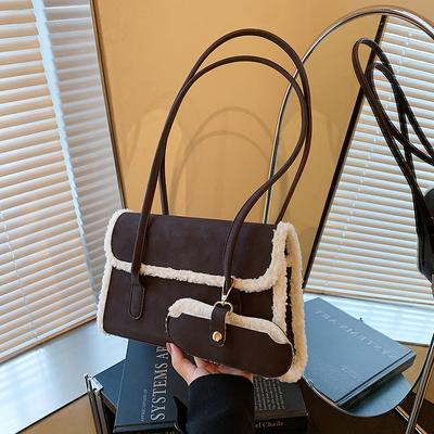 Lamb Wool Spliced Suede Long Handbag Underarm Small Square Bag Retro Pu Commuting Work Shoulder Bag