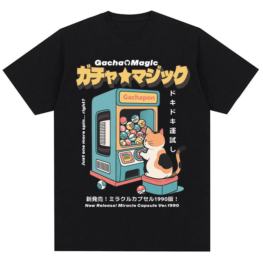 Japanese Style Cat Gashapon Toy Capsule Print T Shirt Harajuku Vintage Fashion T Shirts Men Women Oversized Cotton Casual Tees