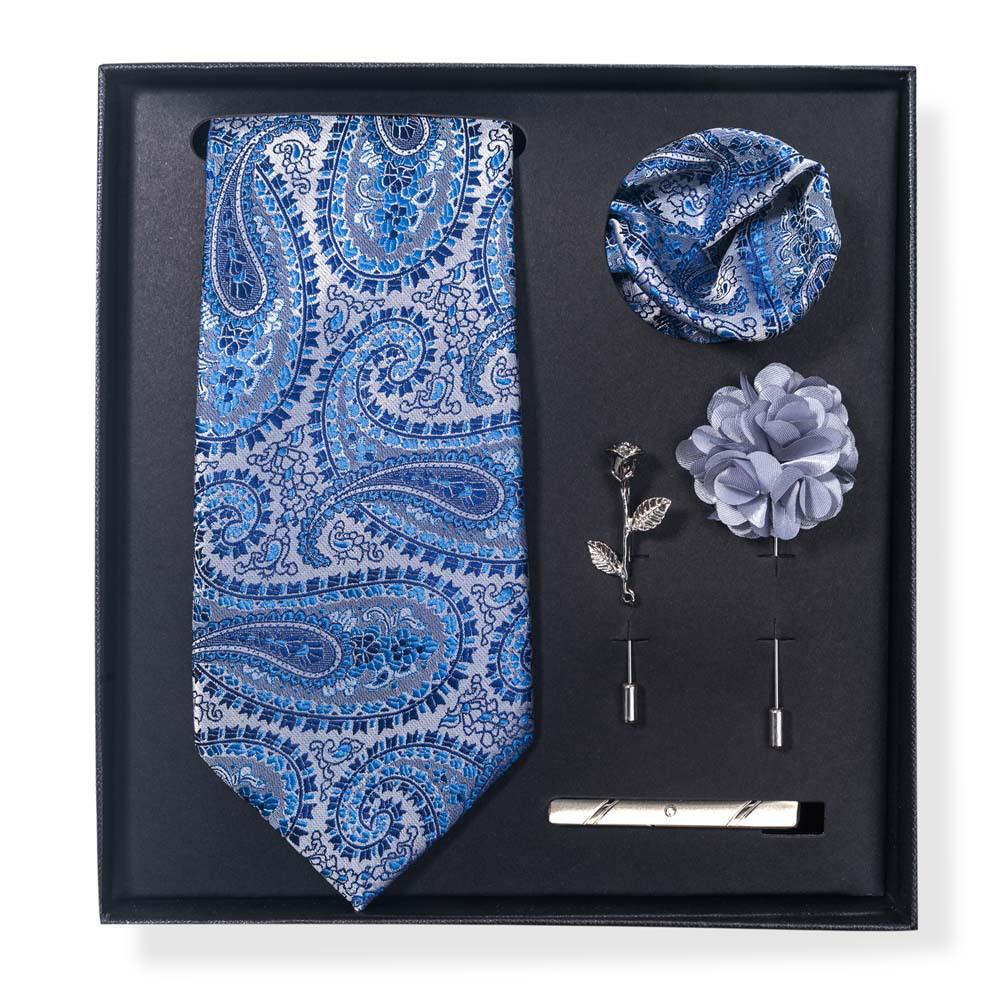 Paisley-Blumen-Krawatten-Geschenkset: Enthält Krawatte, Einstecktuch, Manschettenknöpfe, Ansteckblume und Krawattennadel in einer sechsteiligen Schachtel