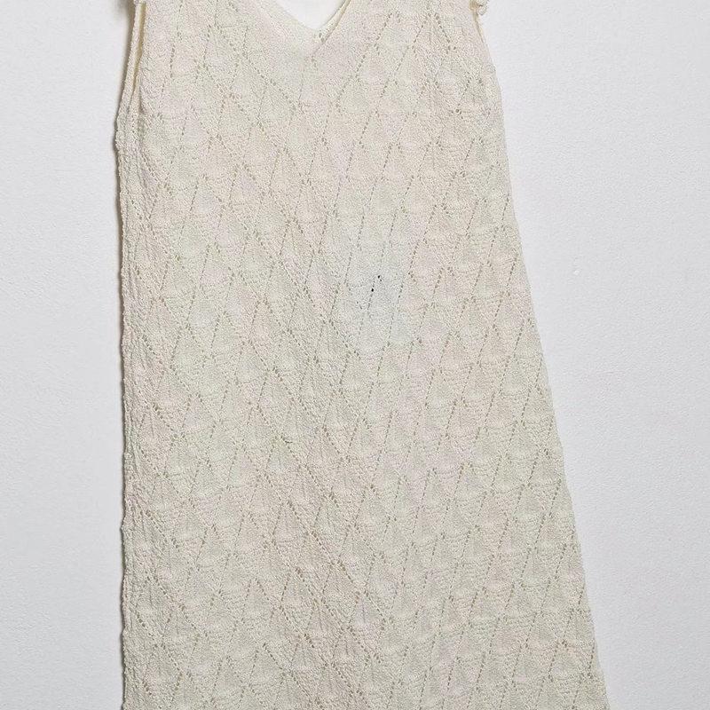 Sleeveless Backless Summer Lady Hollow Knit Dresses Women Beige Cotton Halter Dress