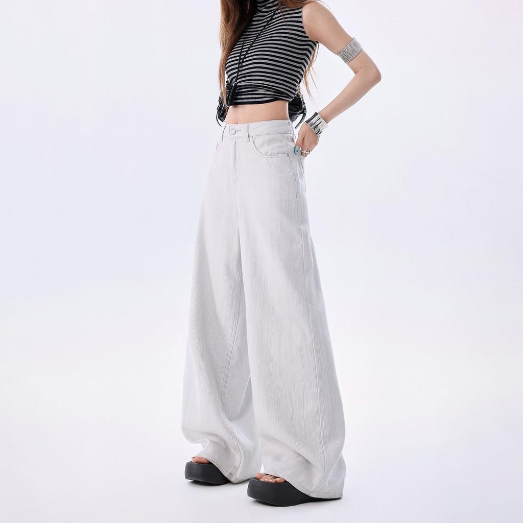 Spring Summer Thin Linen Cotton Textured Cool Old Money Drape Relaxed Wide Leg Casual Denim Pants For Women Casual Pants Oversize Denim Trousers