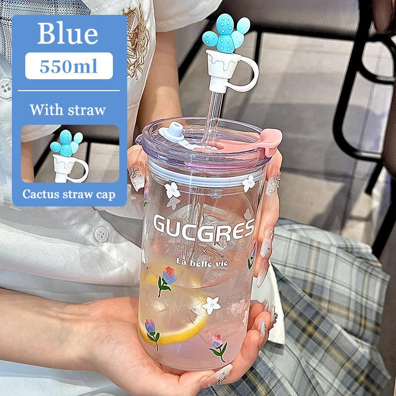 550ml Flower Glass Cup Clear Eyeglasses With Lid And Straw Bubble Tea Cup Ice Coffee Mug For Juice Milk Water Cups Drinkware