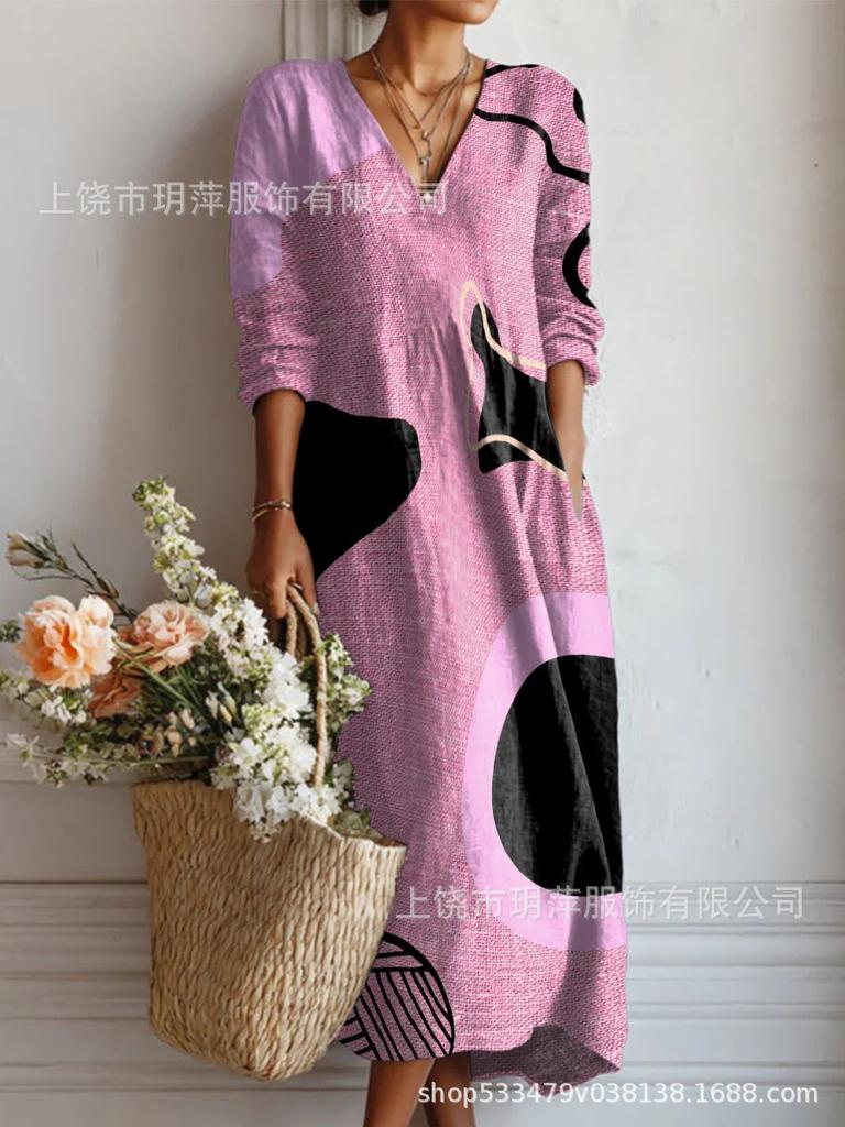 Langes Freizeitkleid mit 3D-Druck - Frische Frühjahrs-/Herbstmode