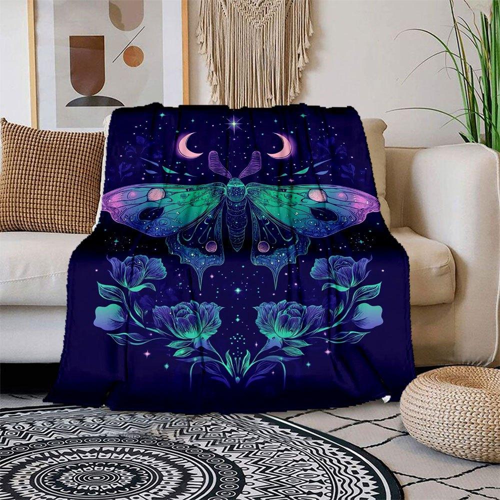 

Enchanted Night Moth & Rose Wall Art Print Blanket Flannel Throw Blanket for Sofa, Bed, Travel, Camping, Office, Couch, Chair, And Bed Gift 150x180cm