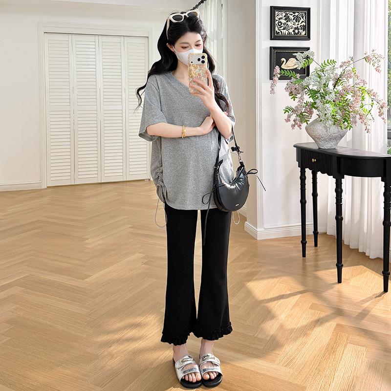 

2026 Plus Size Bamboo Cotton Slim Maternity Set: Comfy T-shirt & Nine-point Casual Pants L