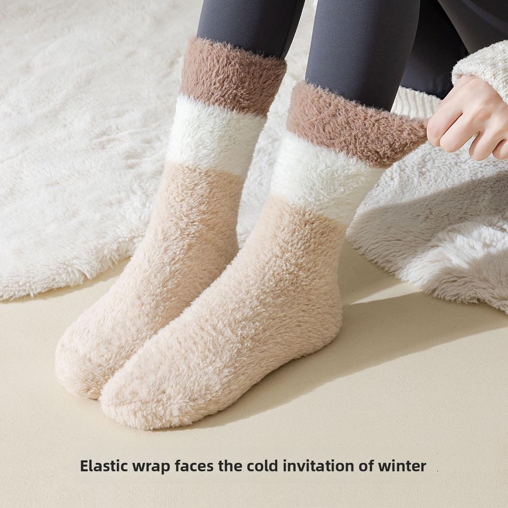 Winter and Autumn Thickened Fleece Thickened Coral Fleece Mid-calf Socks, Warm and Fashionable Couple-style Striped Multi-color Socks