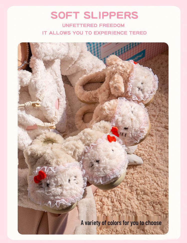 Women’s Cute Cartoon KT Cat Cotton Slippers - Sanrio Furry Plush, Heel-Covered Winter 2025