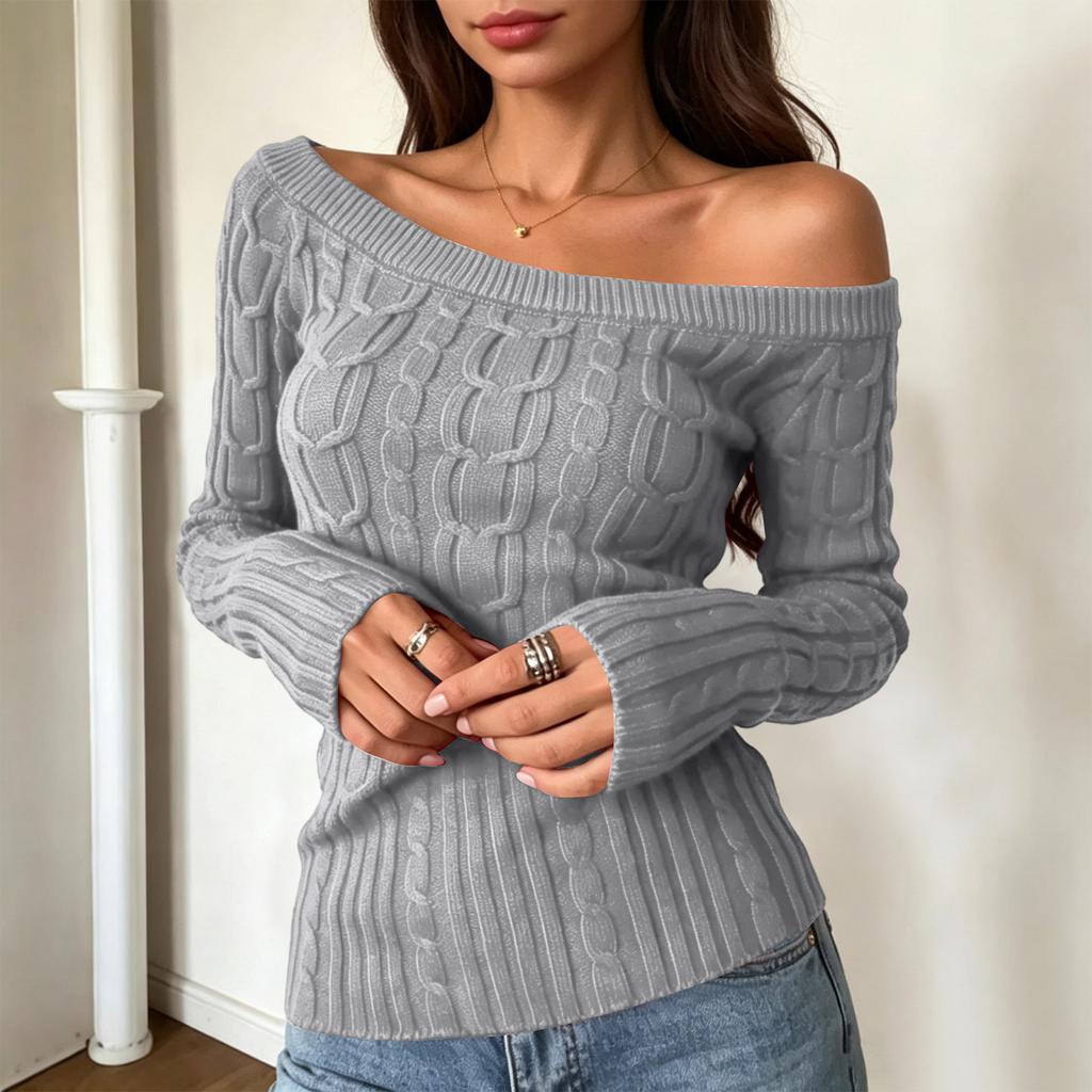 Women's Casual Off-Shoulder Cable Knit Long Sleeve Sweater