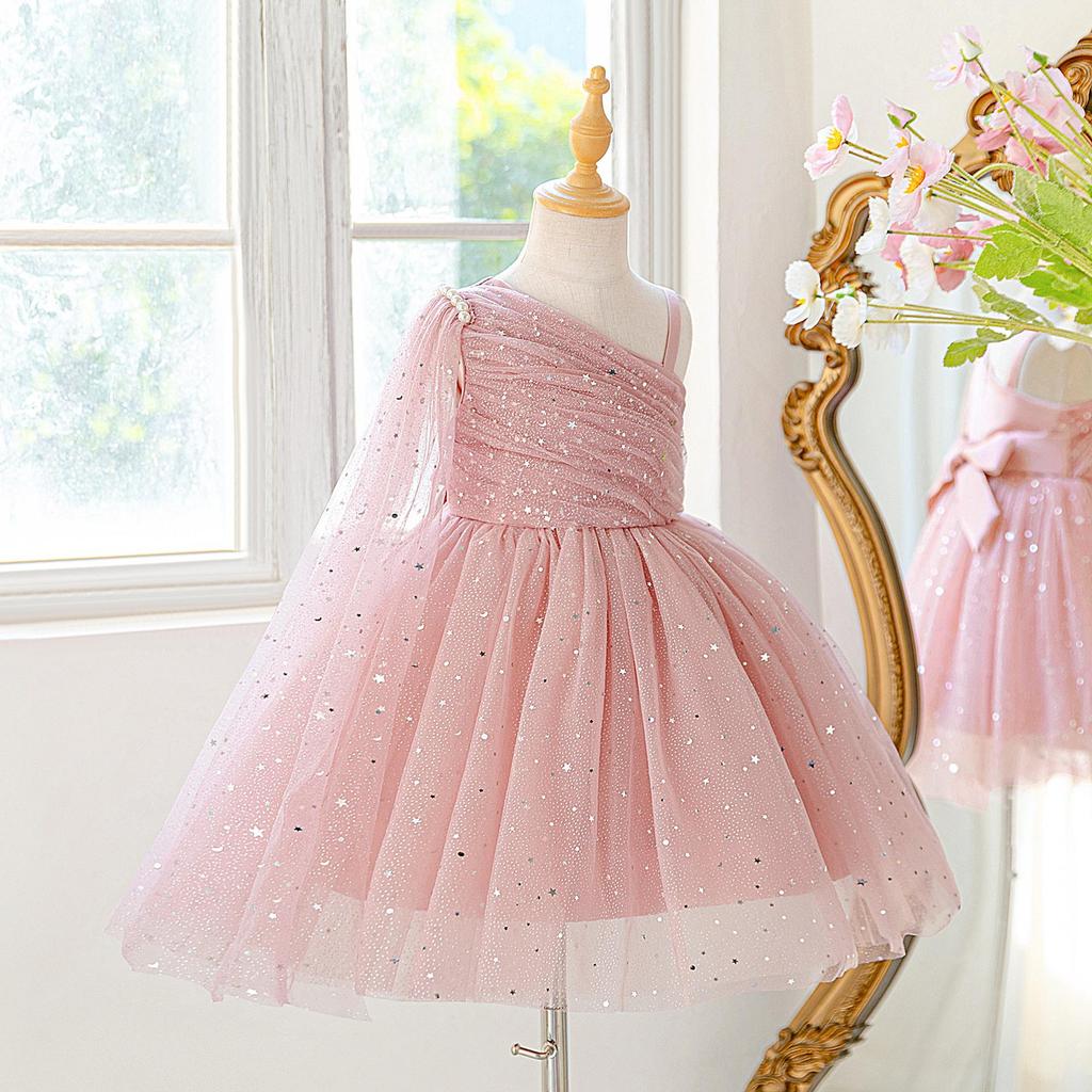 European & American One-Shoulder Sequin Princess Dress for Kids - Evening Mesh Puffy Skirt