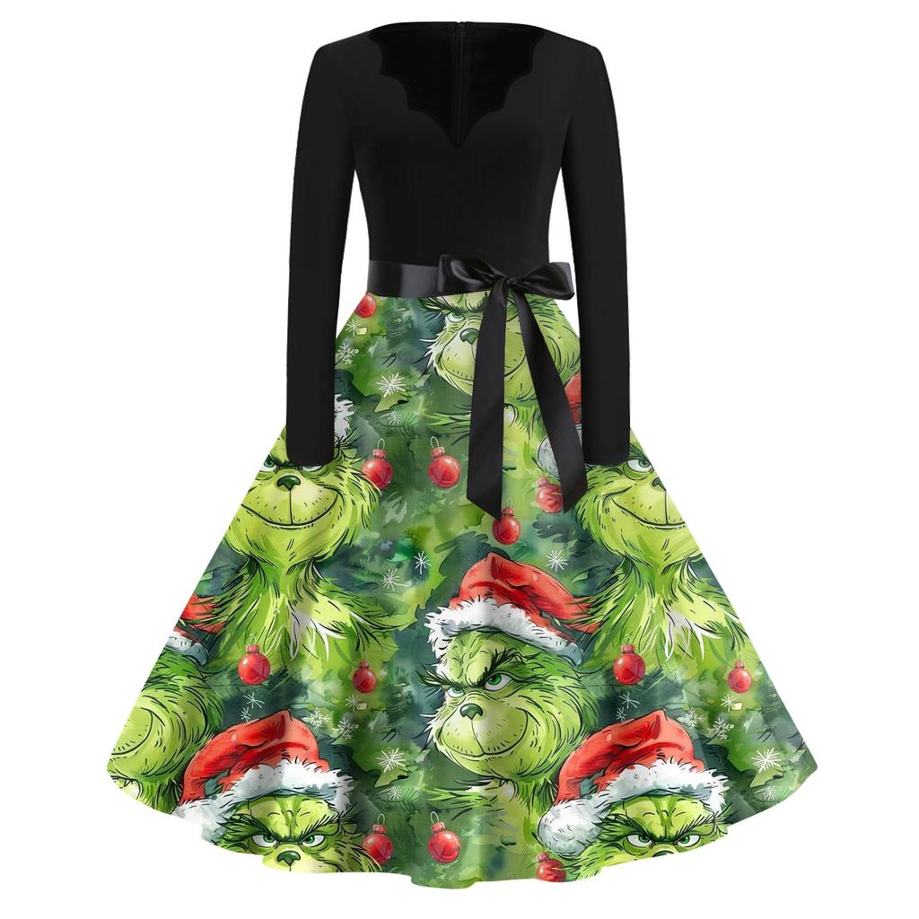 Women's Fashion V-neck Casual Slim-fit Christmas Print Long-sleeved Dress