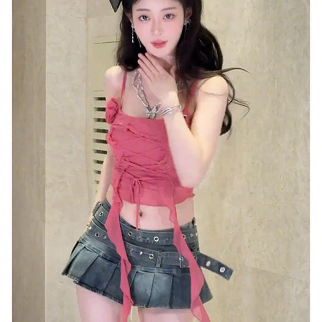 Women's Irregular Mesh Spliced Camisole with Flowing Ribbons, Cool Slim Fit, Sleeveless Solid Color Top