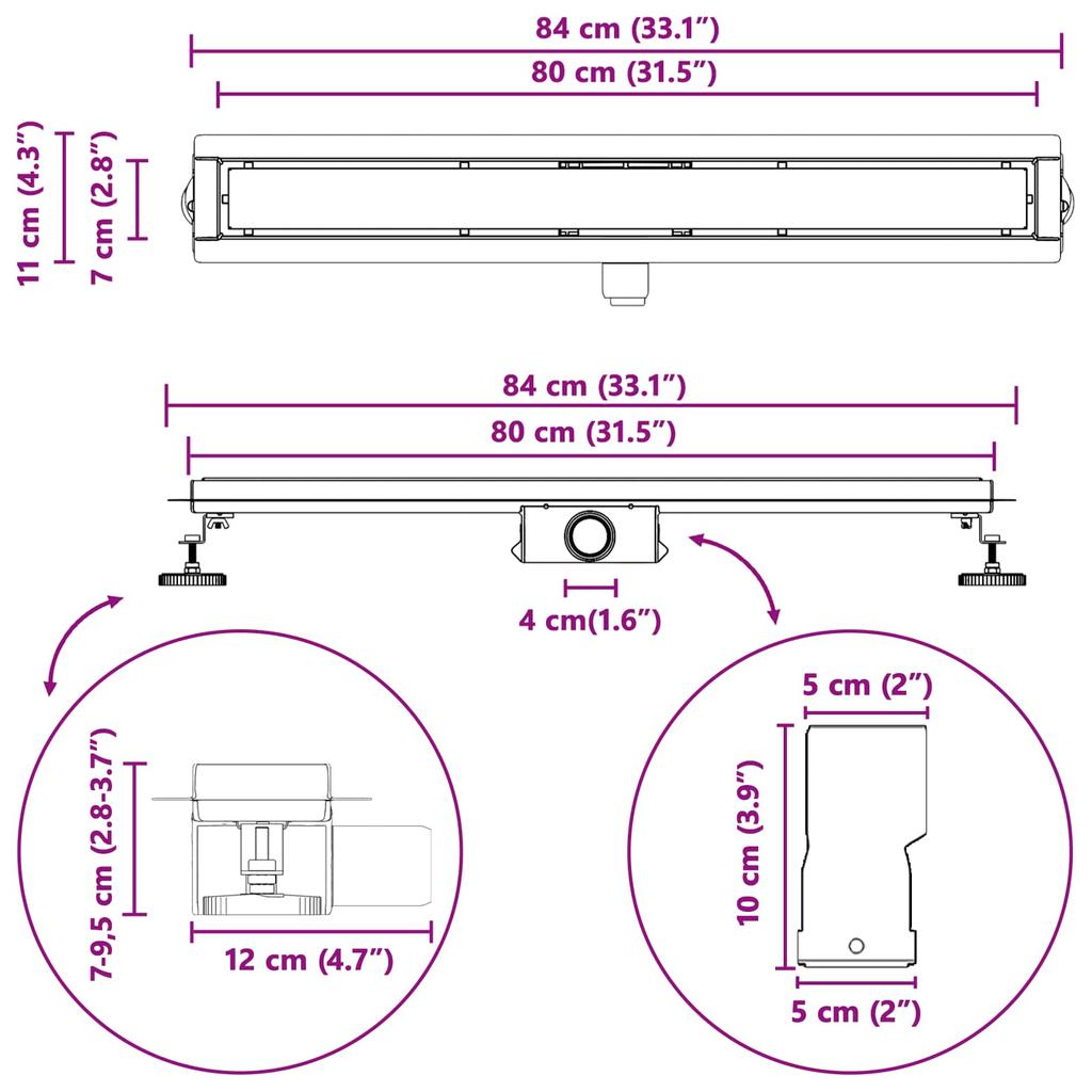 2 in 1 Shower Drain Silver 80 cm Stainless Steel 304