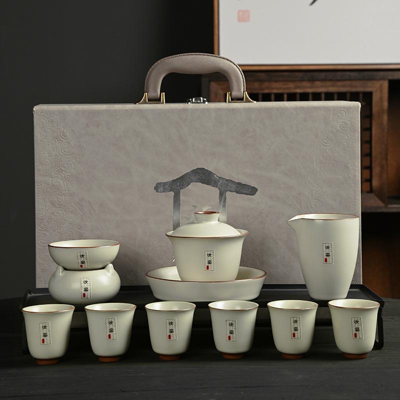 Bank Gift Set To Send Customers Light Luxury Ru Kiln Kung Fu Tea Set Creative Ceramic Cover Bowl Set