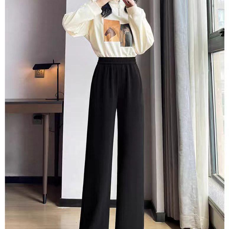 Women's High-Waist Black Wide-Leg Pants: 2026 Spring/Summer Petite Casual Drapey Long Straight Pants
