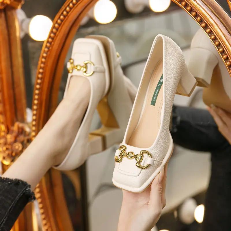 Fashion Large Size 42 Size Retro Square Toe High Heel Sandals for Women 2025 New Horse Bit French Mary Jane Thick Heel Shoes