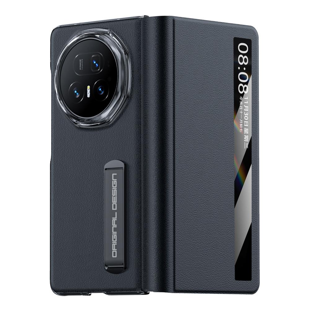 For Honor Magic V5 Case Top Grain Leather Hinge Protection Metal Kickstand Smart View Auto Sleep Wakeup Flip Cover