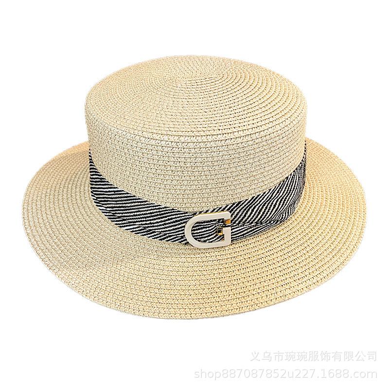 Summer metal letter label webbing straw hat women's face small fashion new sunshade sunscreen flat top top hat