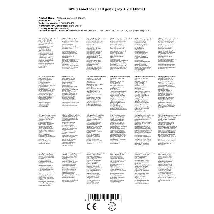 Protection Tarp 4x8m Grey 280g/m² (32m²) - Waterproof and Resistant