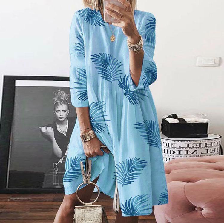 Large Size Women's Autumn Digital Printed Round Neck Long Sleeved Dress