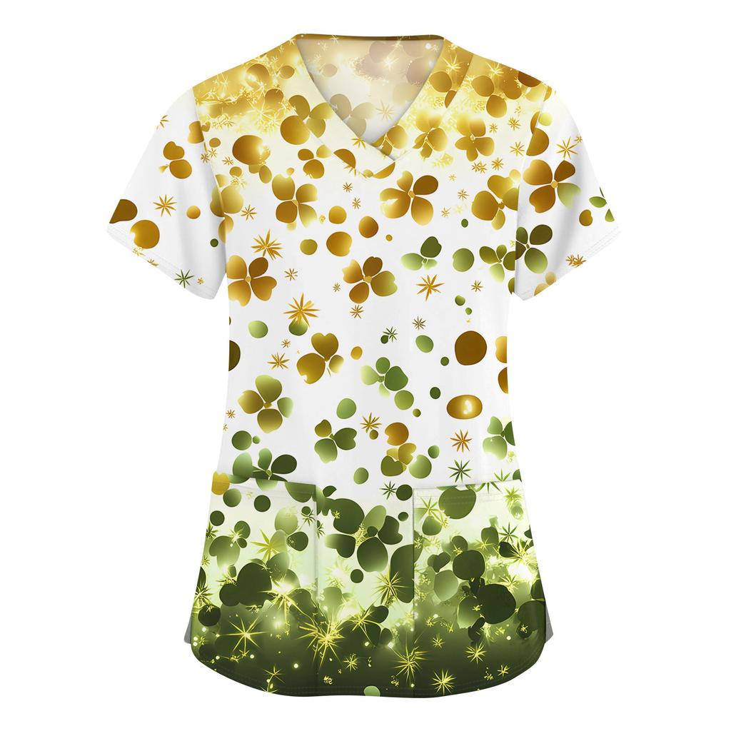 Women's Fashion V-neck Short Sleeve Workwear With Pockets Printed Tops