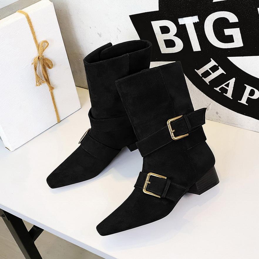 Retro Suede Women'S Boots Fashion Pointed Thick Heel Knight Boots For Women Designer Belt Buckle Women'S Shoes Botas Para Mujer