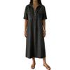 Loose Fit V Neck Denim Look Dress for Women Mid Length Short Sleeve Casual Shirt Dress with Front Pockets and Button Placket