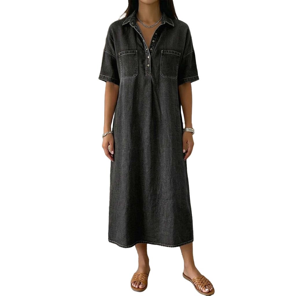 Loose Fit V Neck Denim Look Dress for Women Mid Length Short Sleeve Casual Shirt Dress with Front Pockets and Button Placket