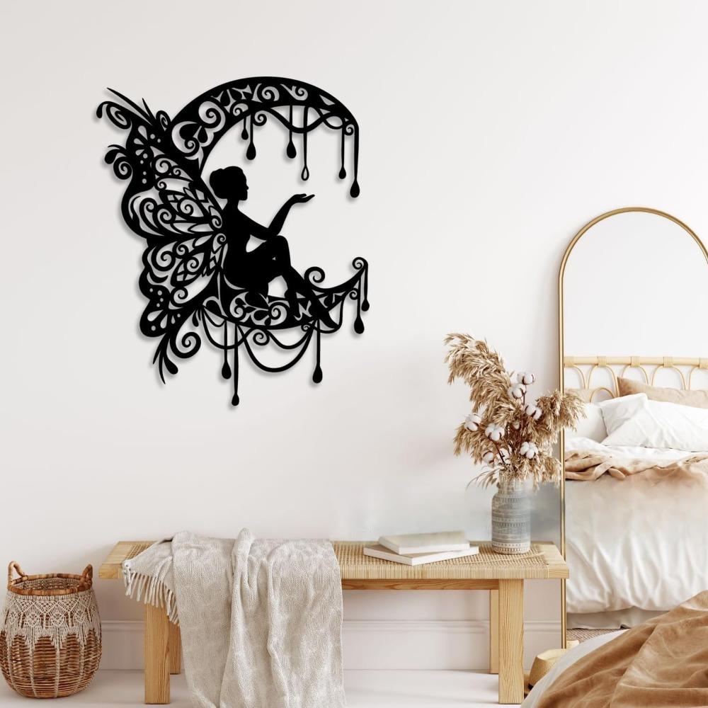 Handmade Iron Moon Flower Fairy Wall Art, Rustic Black Metal Decor for Living Room Bedroom Outdoor