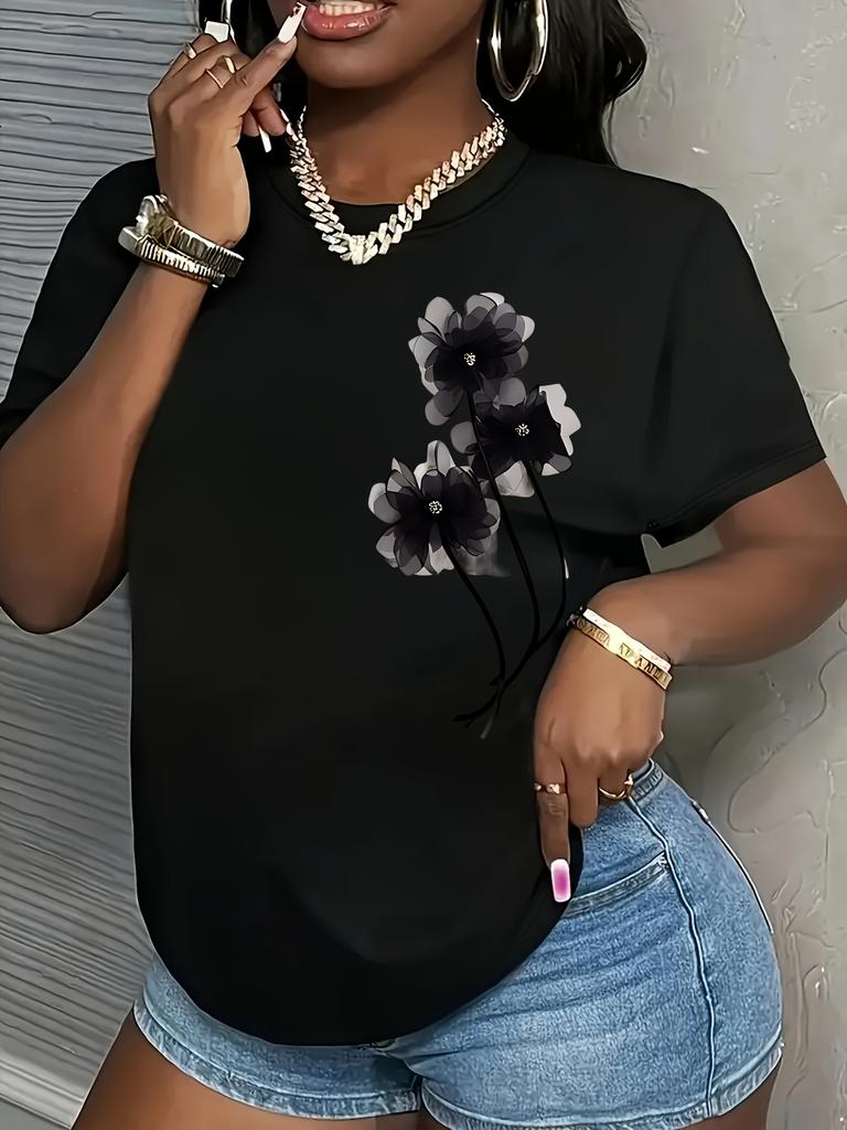 Dam T-shirt Casual Svart Blommönster Kortärmad Rundhals Topp Lätt Andningsbart Tyg Dam T-shirts Kläder