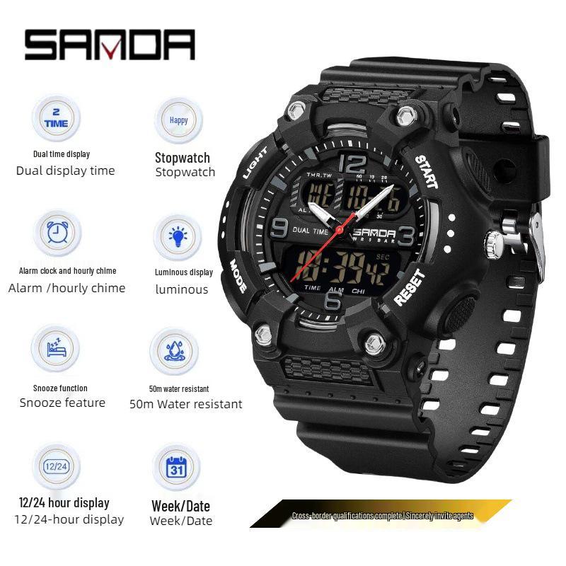 Orologio da polso sportivo multifunzione SANDA unisex con doppio display