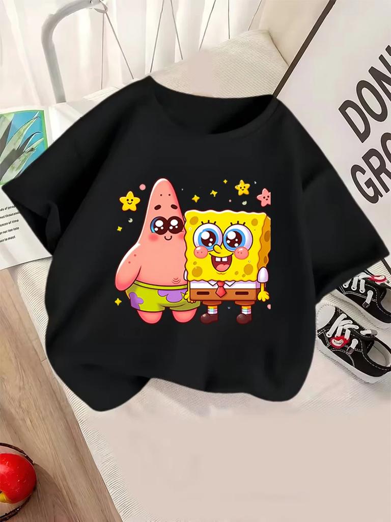 Lovable SpongeBob Short Sleeve T Shirt For Kids Summer Cute Cartoon Crewneck 3-14