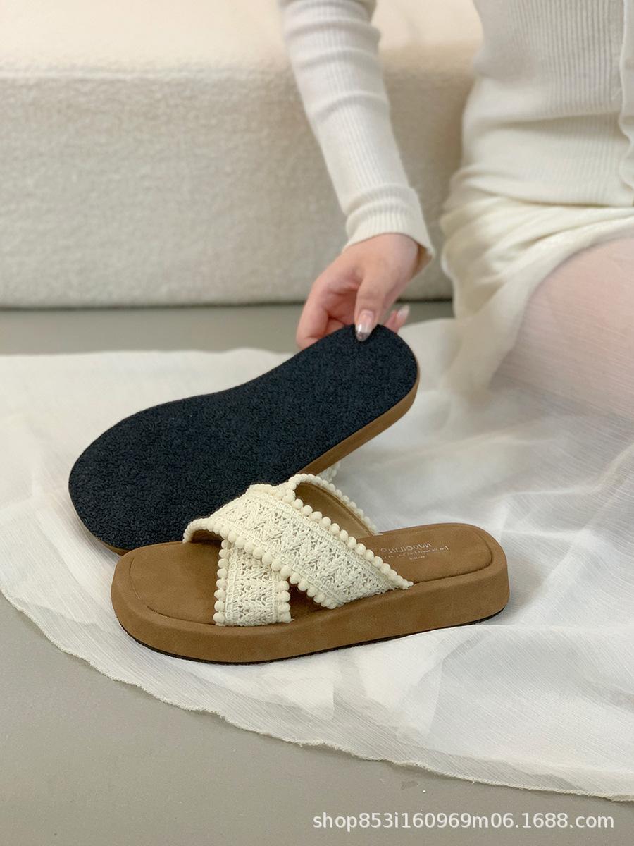 

Fairy wind thick-bottomed crossed slippers female outer wear 2025 summer new vacation soft-bottomed seaside beach slippers female 35 абрикосовый