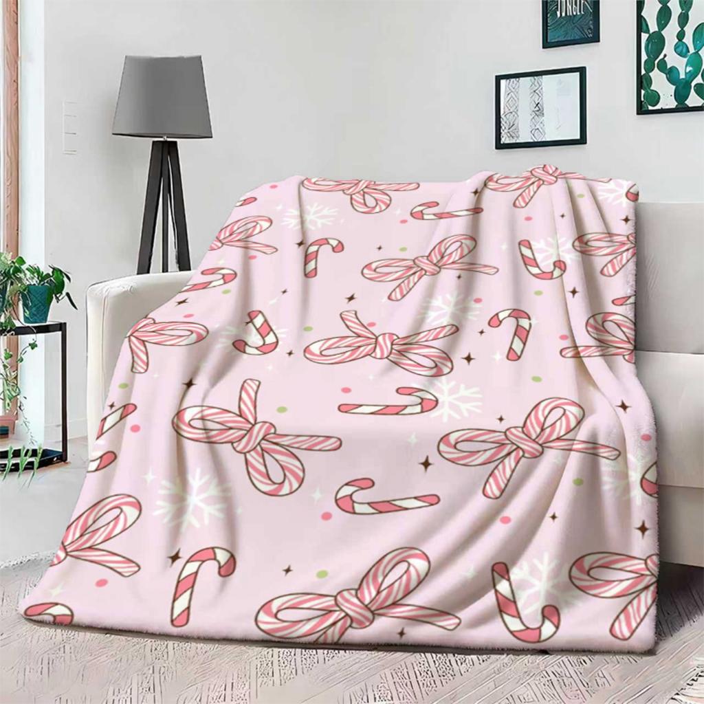 Winter Christmas Theme Flannel Blanket Soft Pink, Candy Cane Snowflake Print for Living Room Bedroom, Cozy Holiday Decor