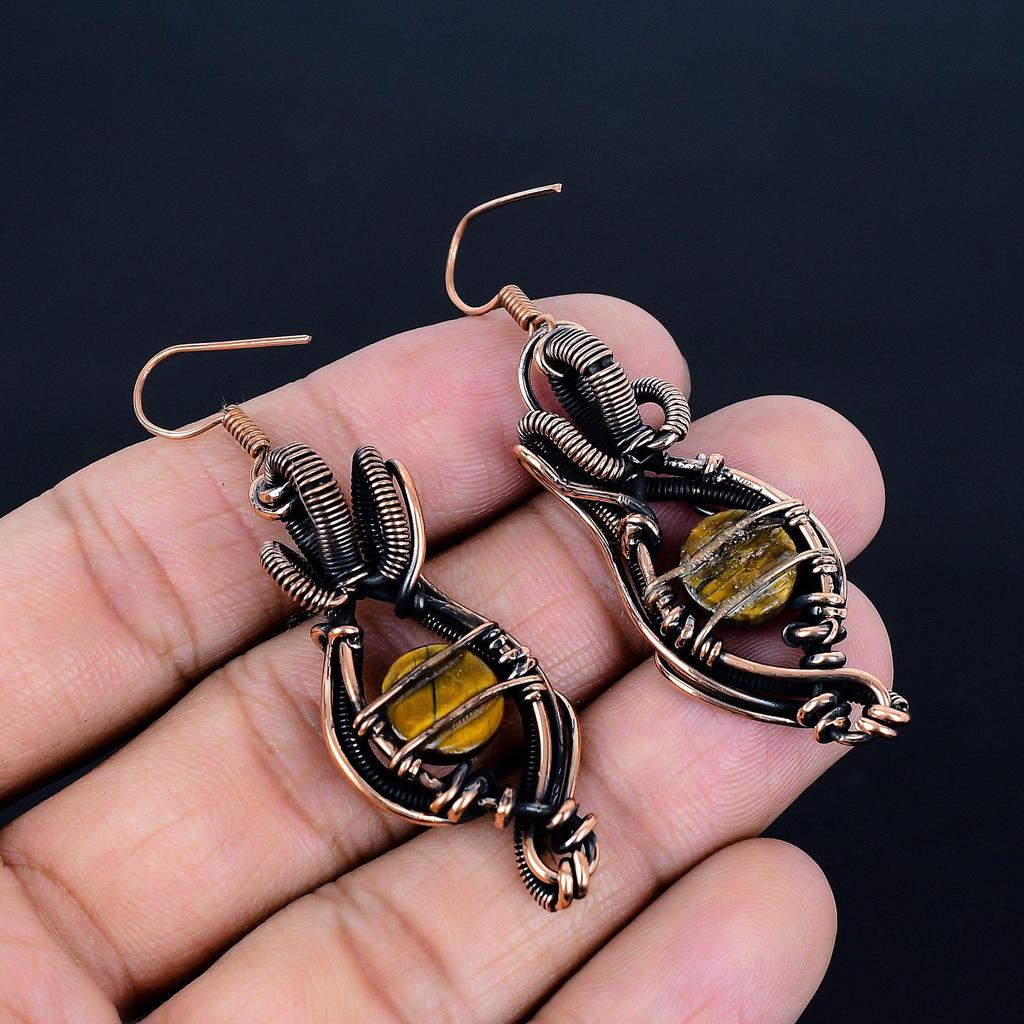 Tiger's Eye 999 Copper Wire Wrap Jewelry Earrings, Handmade Gemstone Earrings, Gift For Mom Antique Jewelry