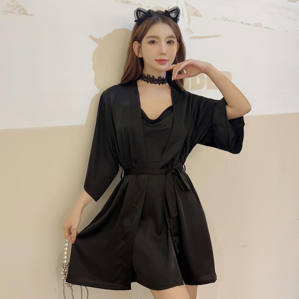 Sexy Pajamas Women's Ice Silk Summer Thin Swinging Collar Beautiful Back Lace Pure Desire Wind Suspender Nightdress Two-piece Set Can Be