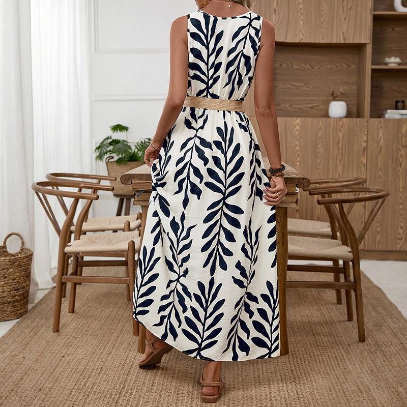 2026 Französischer Resort-Stil Ärmelloses Kleid mit Blattdruck, Gürtel und Schlitz