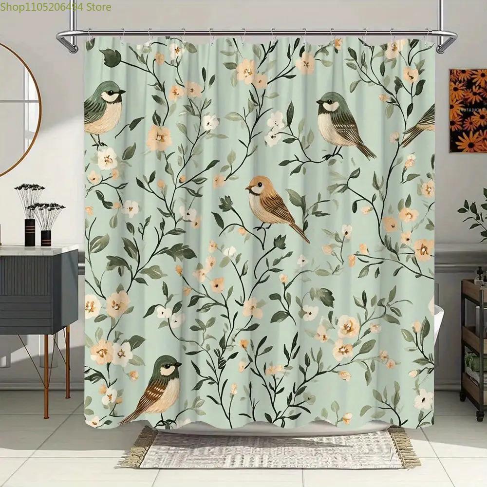 1pc Botanical Birds & Floral Shower Curtain - Pale Mint Green High Quality with 12 Hooks, Rustic Bathroom Decor, Watercolor-li