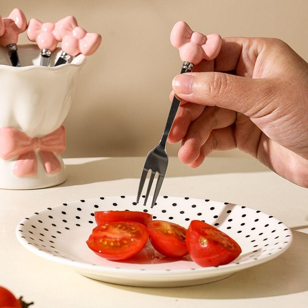 Bowknot Ceramic Fruit Forks Set Ins Style Creative Ceramic Fruit Forks Receipt Jar Solid Color Decorative Stainless Steel Fork