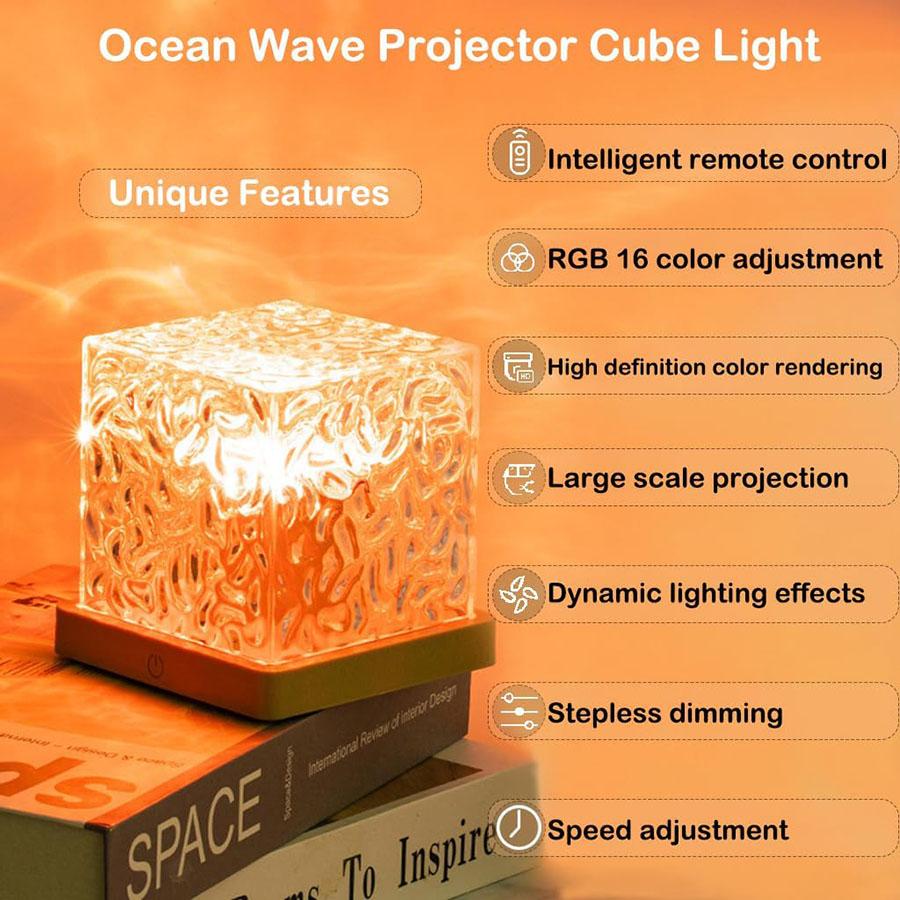 Night Light Projector Cube Light, Luminor the Cube Lamp, Corded Ocean Lamp, Northern Lights Projector Lights with 16 Colors and Dynamic Ripple Effect