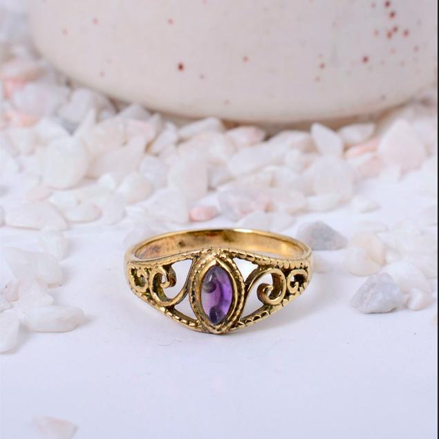 

Amethyst Gold Plated Filigree Ring | Vintage Brass Gemstone Ring for Women | February Birthstone Gift 7 золотий