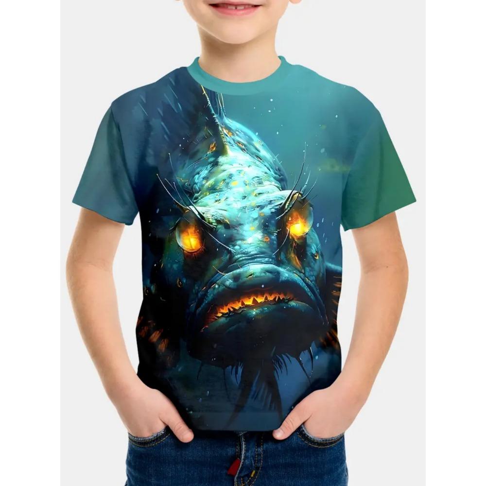 Summer boys  clothing children s T-shirt cartoon shark fishing boys  shirt casual cool summer round neck fashionable boys  T-shirt 140