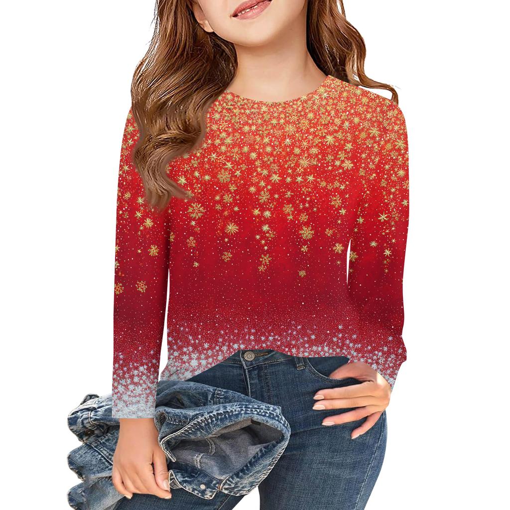 Christmas Day Girls Long Sleeve T Shirts Kids Fall Tops Crewneck Printed Basic Tees