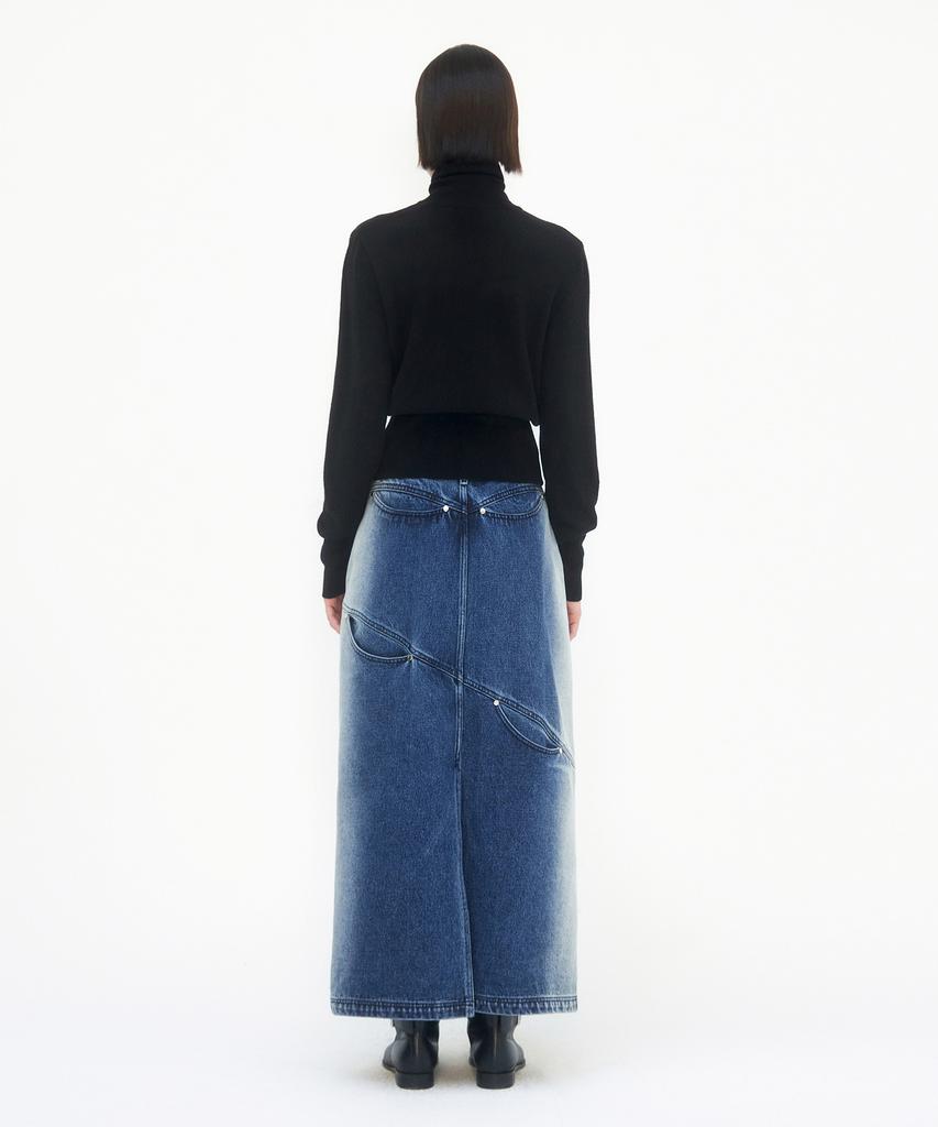 Teulimingbeodeu Curved Pocket Cut Denim Skirt [ Blue ]