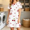 Women Short Sleeve Sleep Dress, Round Neck, Cute Red Cherry, Heart And Bow All Over Print, Lightweight Comfort Home Loungewear
