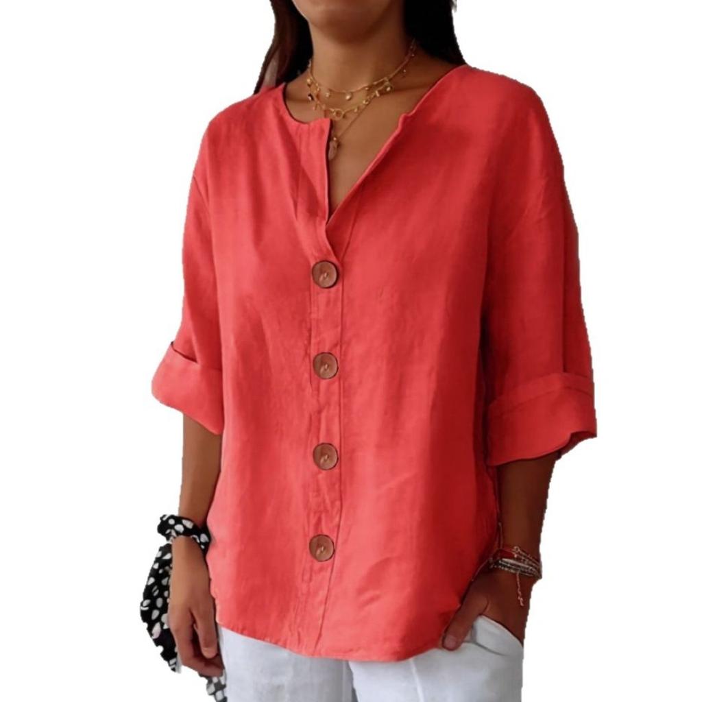 Summer Women's V Neck Loose Cotton Linen Button T-shirt Top, Casual Plain Tee for Women, Crossborder Europe America Fashion