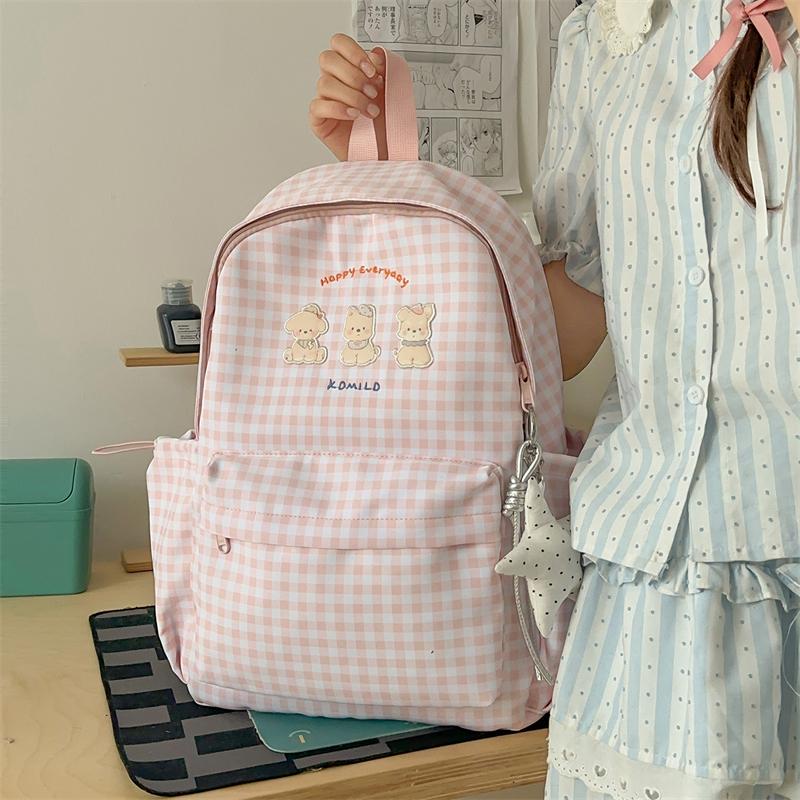 Plaid Student Schoolbag Cartoon Puppy Backpack